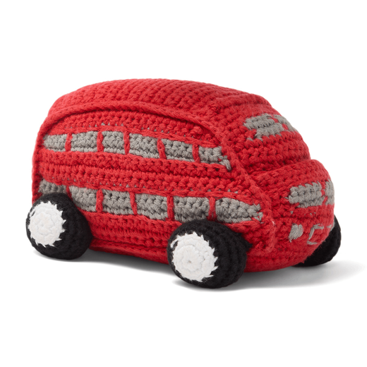 A crochet rattle modelled on the red London double-decker bus. 